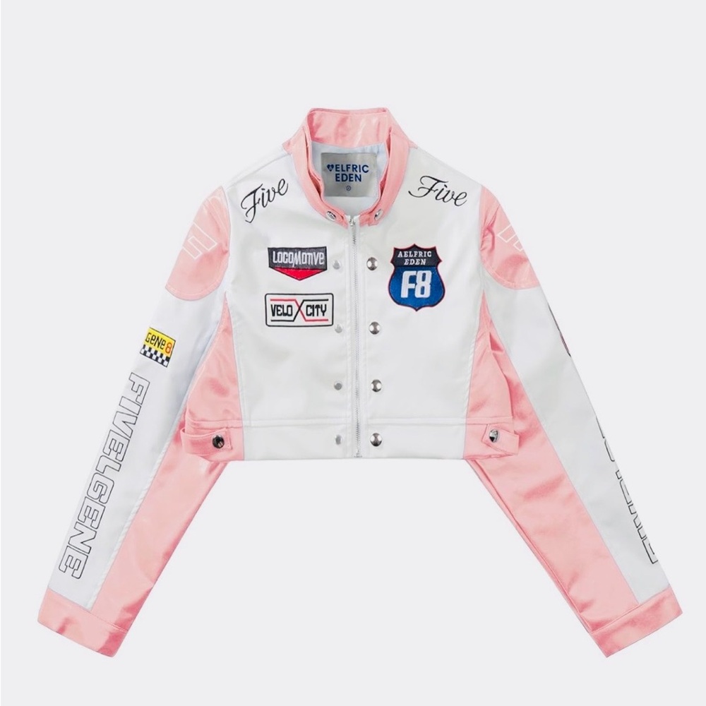 Aelfric Eden Pink and White Women's Faux Leather Biker Jacket